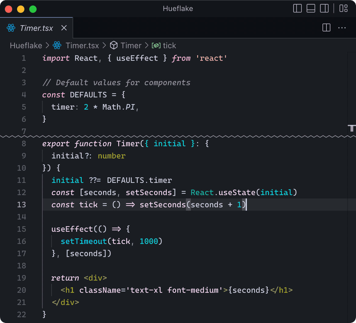 Visual Studio Code split between default theme and a high-contrast theme corrected for deuteranomly colorblindness