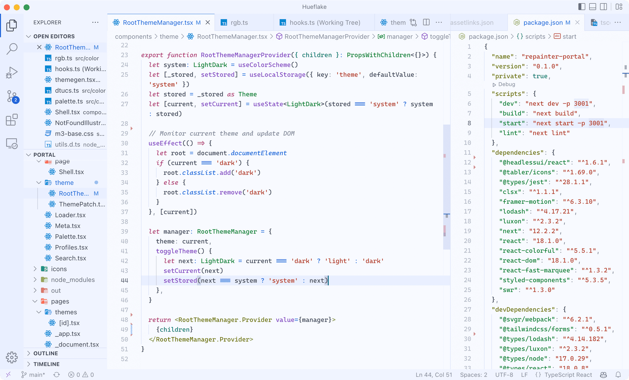 Screenshot of Visual Studio Code with a Hueflake theme