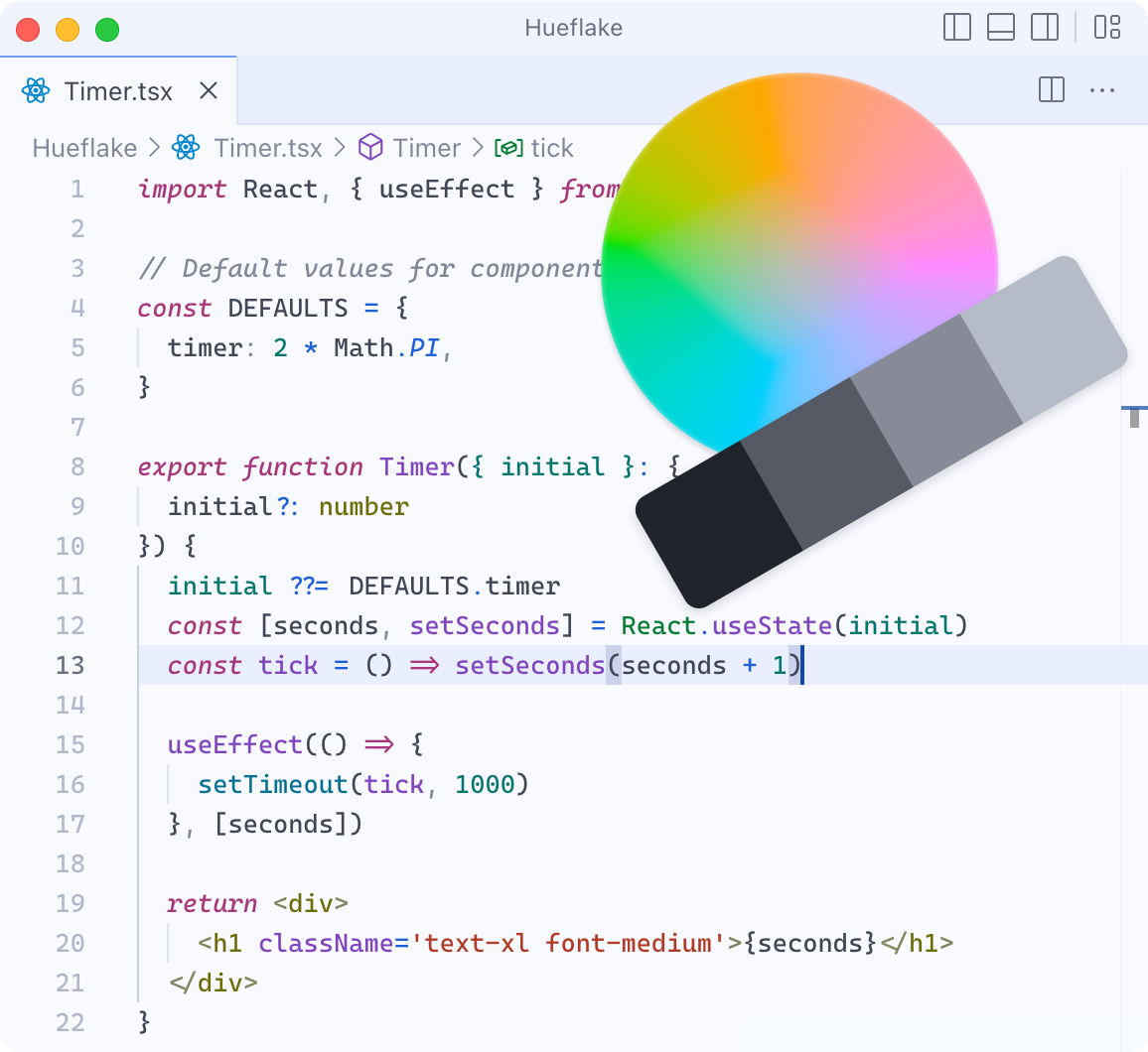 Visual Studio Code with default Hueflake light theme and color wheel and shades