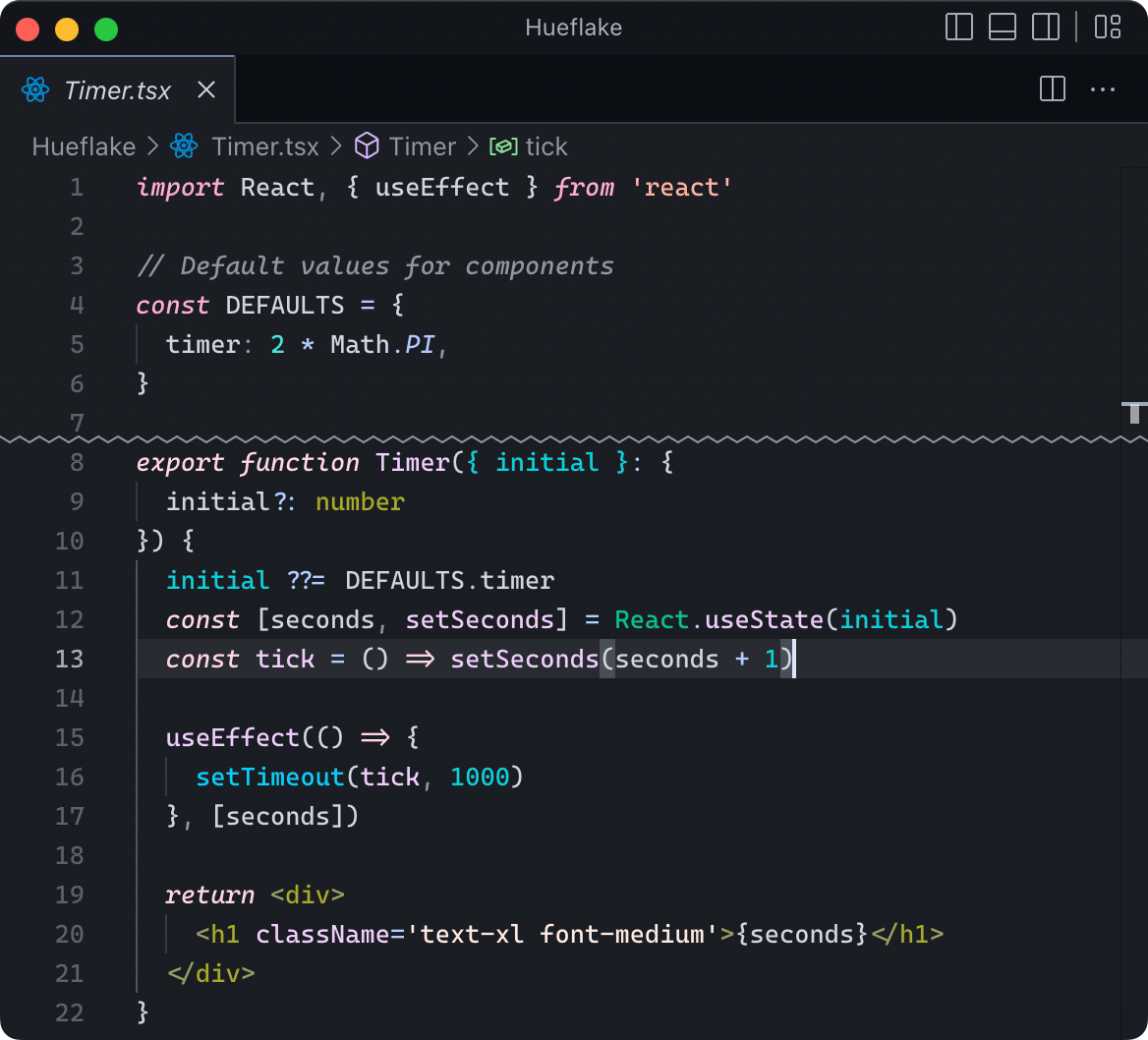 Visual Studio Code split between default theme and a high-contrast theme corrected for deuteranomly colorblindness
