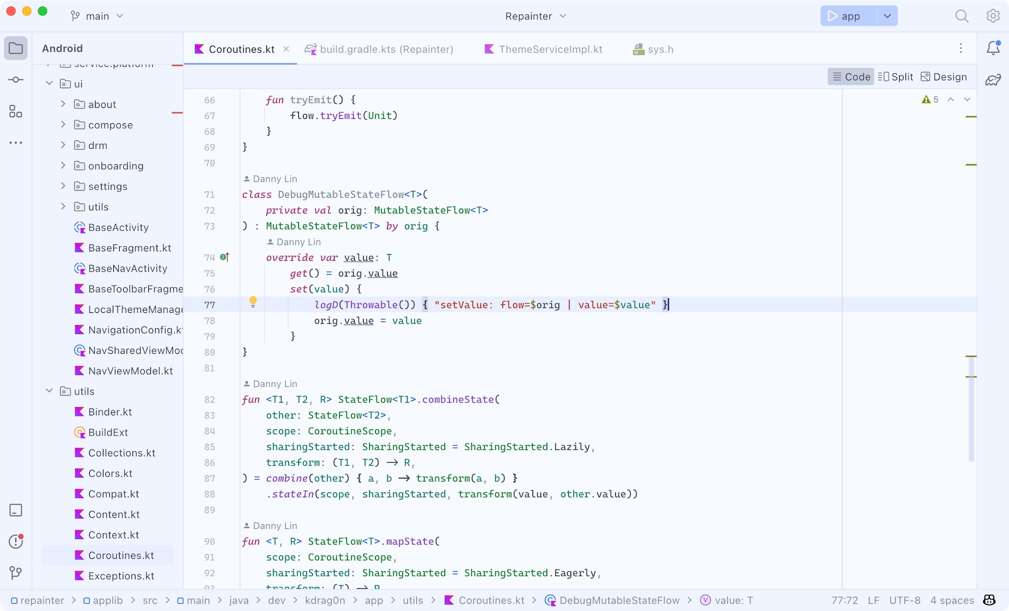 Screenshot of Android Studio with a Hueflake theme