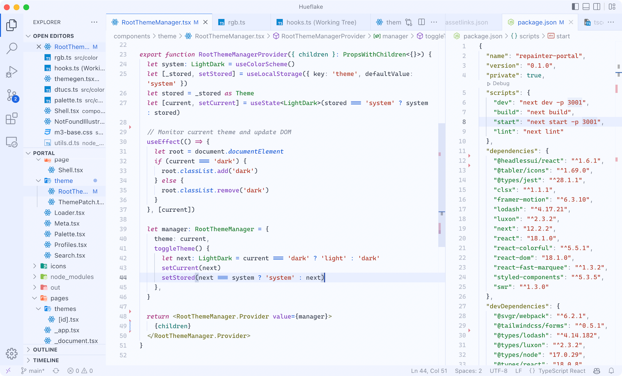 Screenshot of Visual Studio Code with a Hueflake theme